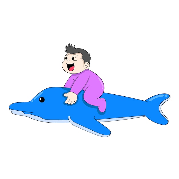 Baby boy is sitting playing riding a dolphin