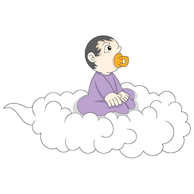 벡터 아기 소년은 편안하게 앉아 하늘을 날아다니는 구름을 타고 있습니다.