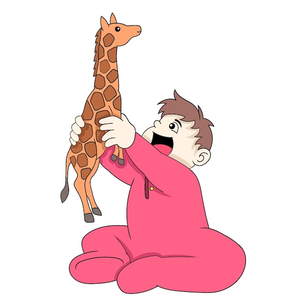 Il bambino è seduto con il giocattolo della giraffa