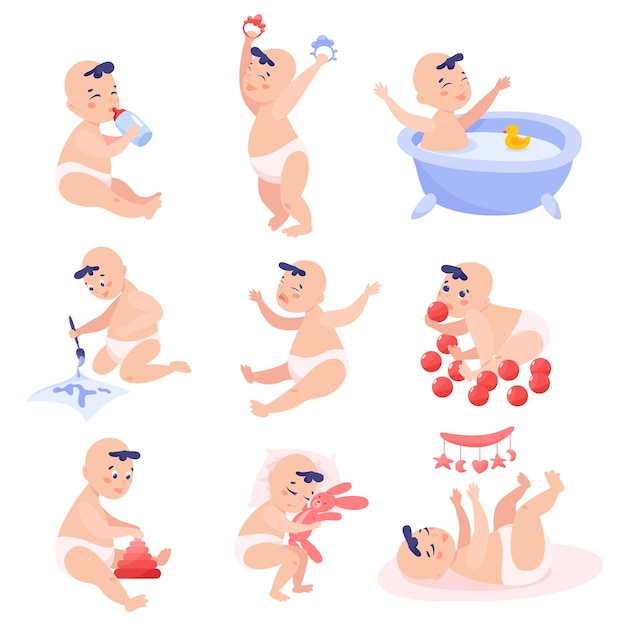 Vector baby boy set. beautiful baby in diaper playing with different toys, painting, taking a bath, sleeping and crying.