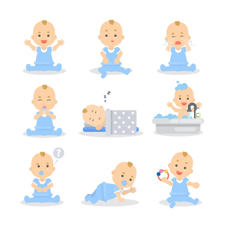 Vector 아기 소년 세트 파란색 자고, 놀고, 먹는 귀여운 아이.