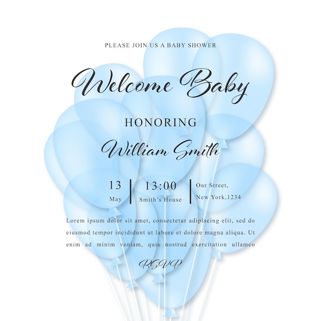 Vector baby boy shower card invitation vector illustration with blue balloons