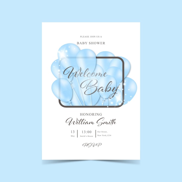 Vector baby boy shower card invitation vector illustration with blue balloons