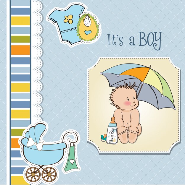 그의 우산 아래 재미있는 아기와 함께 아기 소년 샤워 카드