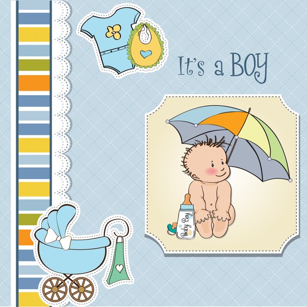 Baby boy shower card with funny baby under his umbrella