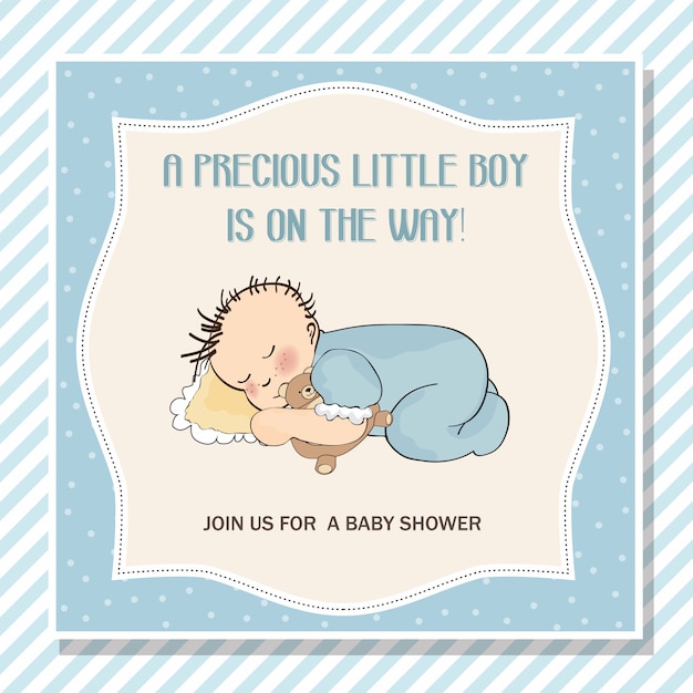 Vector baby boy shower card with little baby boy