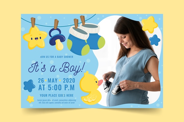 Vector baby boy shower invitation with photo