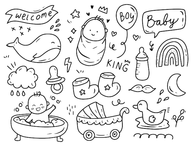 Vector baby boy shower party doodle drawing collection set