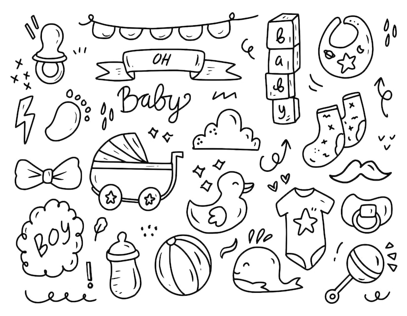 Premium Vector | Baby boy shower party doodle drawing collection set