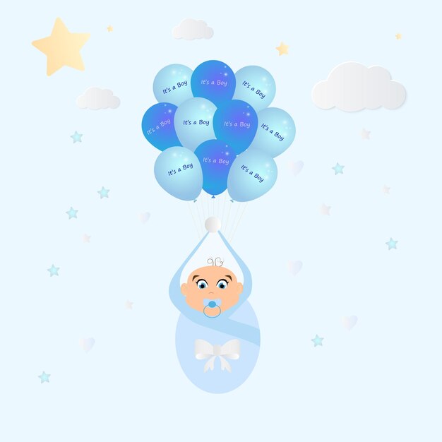 Baby Boy Shower uitnodiging kaart ontwerp Vector illustratie Voor jongens Blauwe jongen vliegen op ballonnen