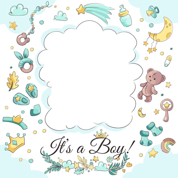 Baby boy shower vector background with blue elements Frame with set of objects bear pacifier infant