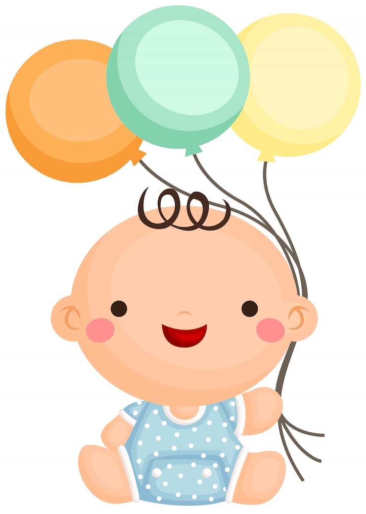 Vector baby boy sitting and holding balloon
