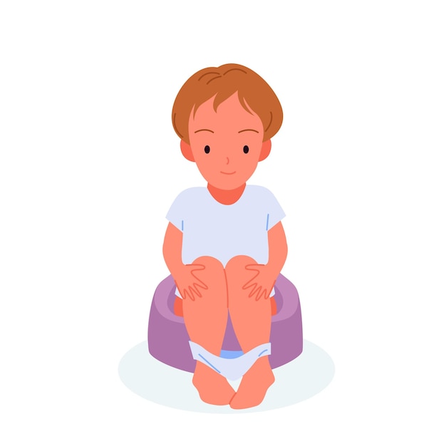 Vector baby boy sitting on potty child training adorable small kid learning to use toilet