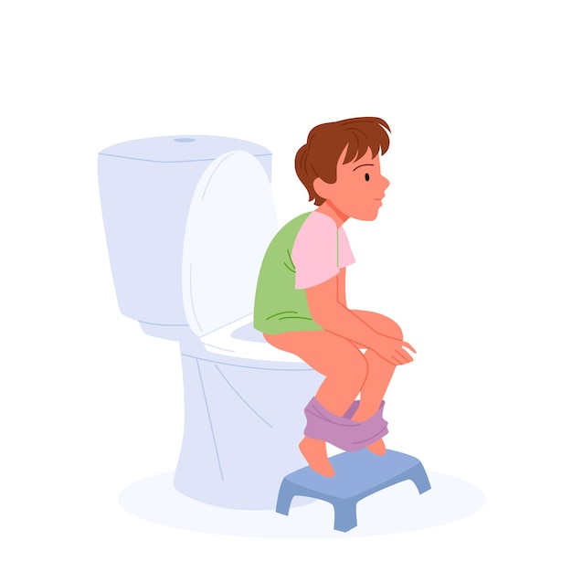 Baby boy sitting on toilet bowl in unhealthy posture funny kid training to use toilet