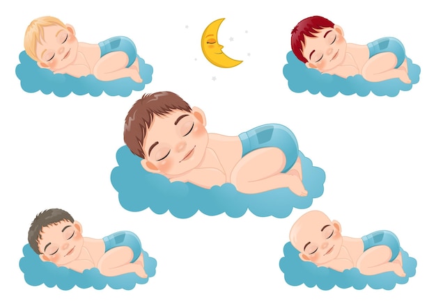 Vector baby boy sleeping in the cloud on sky collection cartoon character vector