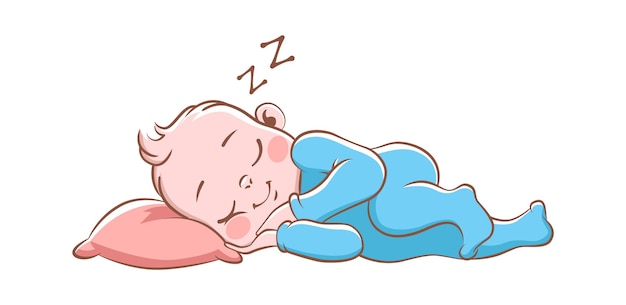 Vettore neonato che dorme. neonato felice sveglio in pigiama blu, bambino di vettore del fumetto isolato sul cuscino molle