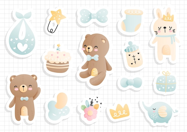 Vector baby boy sticker, scrapbook. baby shower sticker sheet