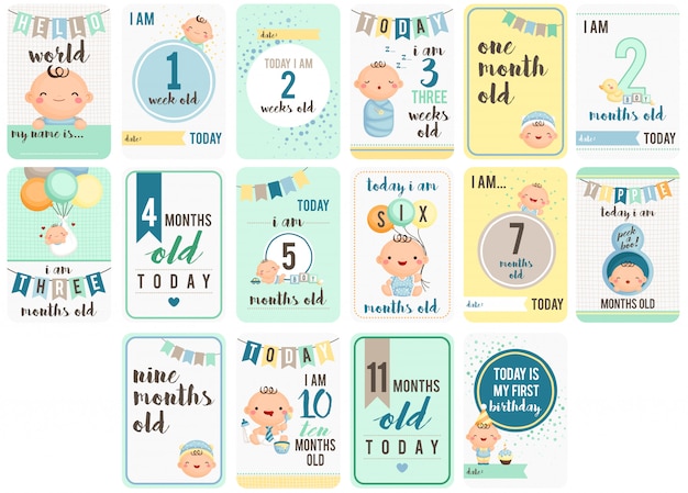 Vector baby boy weeks and months cards