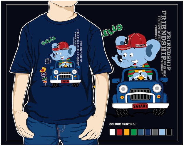 Vettore bambino ragazzi elefante guida auto cartone animato grafica vettoriale t-shirt illustrazione design