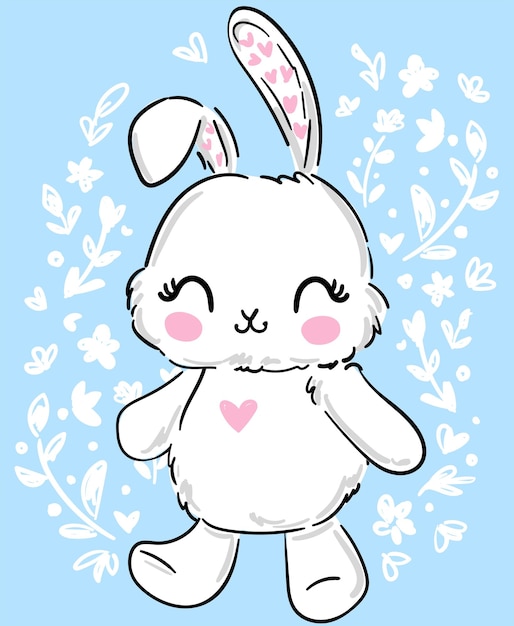 Baby bunny hand drawn cute little rabbit print blue background vector illustration