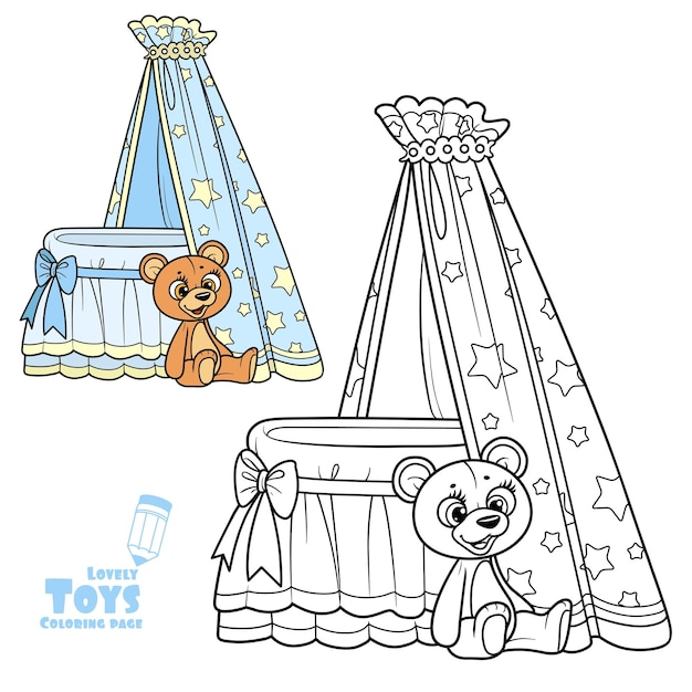 Baby canopy toy bed and teddy bear outlined and color for coloring book