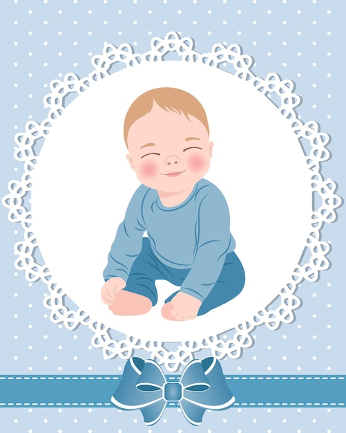 Baby card with cute baby boy and lace pattern with bow. Design for newborns. Illustration, greeting