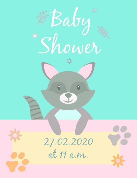 베이비 샤워용 베이비 카드 너구리 엽서 또는 매력적인 동물이 있는 파란색과 분홍색의 파티 템플릿