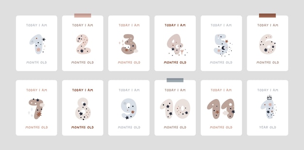 파스텔 색상의 숫자와 아기 카드. 아기의 첫해 아기 소년 또는 소녀 샤워 선물
