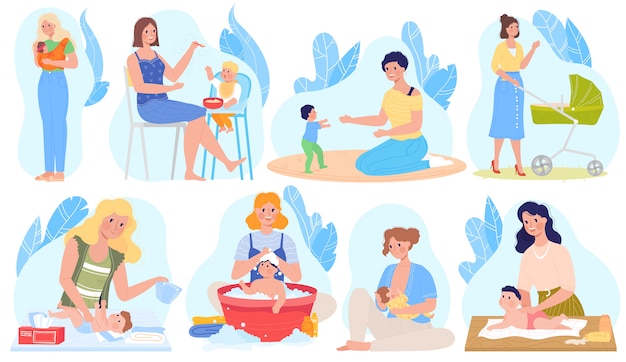 Baby care, breastfeeding  illustrations, cartoon  set with mother character breastfeed, giving newborn baby milk, feeding playing