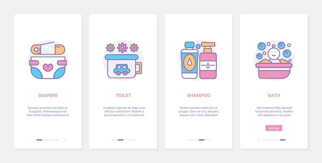 Baby care hygiene items, ux, ui onboarding mobile app page screen set with line products