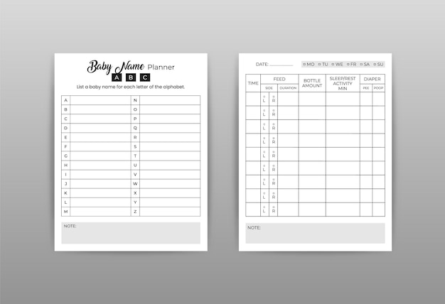 Vector baby care planner and baby name logbook interior vector template for kdp