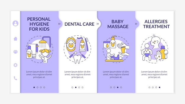 Baby care purple onboarding vector template. responsive mobile website with icons. web page walkthrough 4 step screens. child physical health color concept with linear illustrations