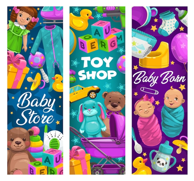 Vector baby care toys shop cartoon kids stuff