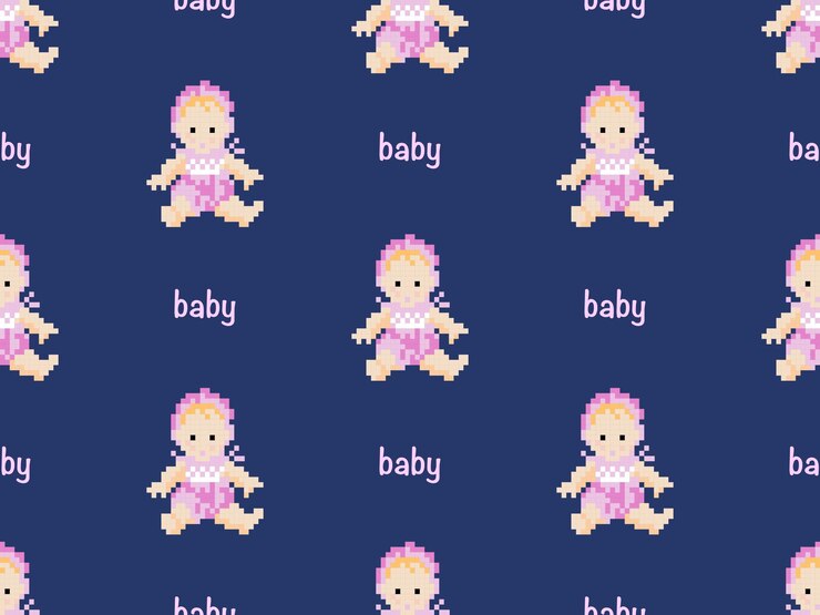 Vector baby cartoon character seamless pattern on blue background pixel style