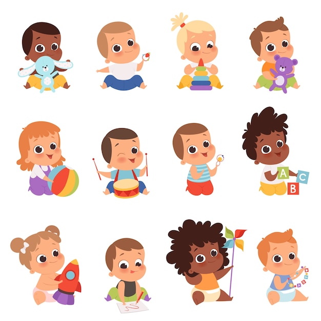 Personaggi del bambino. bambini appena nati che giocano i giocattoli infanzia felice piccoli bambini piccoli. illustrazione bambino neonato con orsacchiotto, giocando bambino