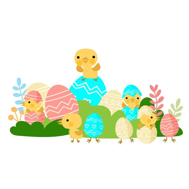 Vector baby chicks and easter eggs welcome spring season