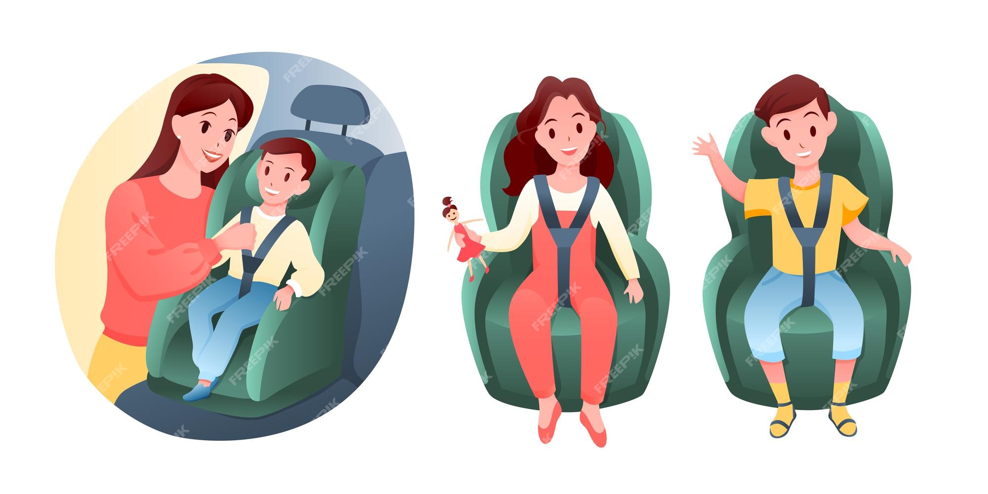 Premium Vector | Baby children sit on car vehicle seat. cartoon happy boy and girl characters sitting in chair to road travel with family, mother putting on child safe seat belt Premium Vector | Baby children sit on car vehicle seat. cartoon happy boy and girl characters sitting in chair to road travel with family, mother putting on child safe seat belt