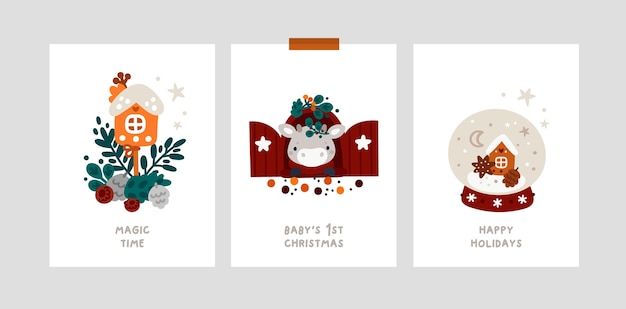 Baby Christmas Holiday milestone cards with little bull. Festive xmas greeting cards