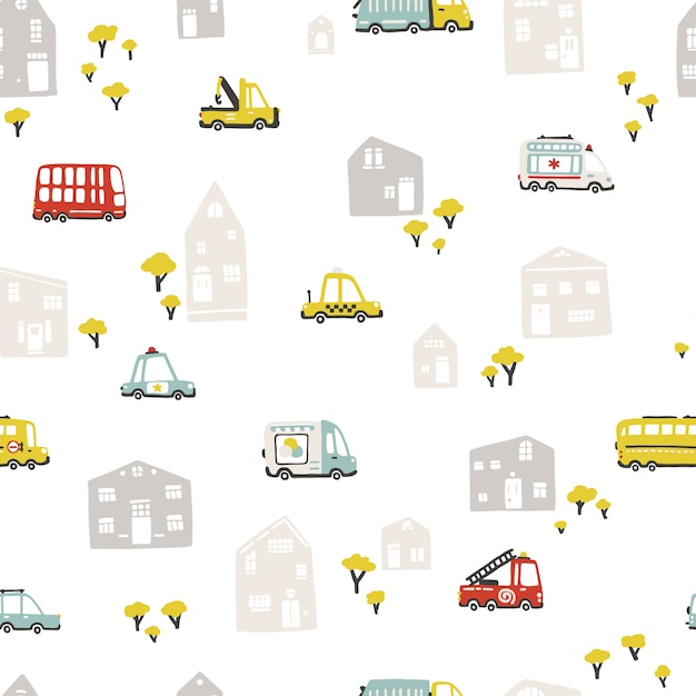 Baby city landscape with transport, seamless pattern. cartoon illustration in childish hand-drawn scandinavian style.