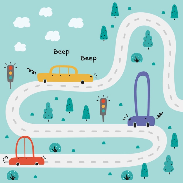 Vector baby city map with roads and transport cartoon doodle illustration