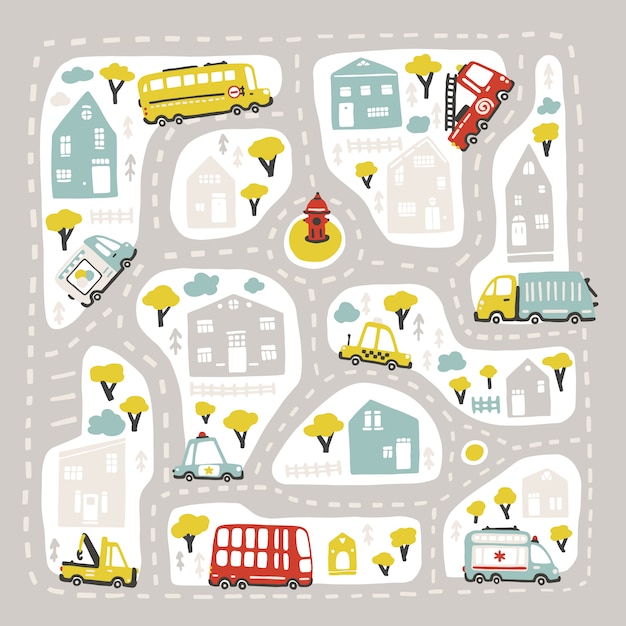 Baby city map with roads and transport. illustration inscribed in a square shape. cartoon childish hand-drawn scandinavian style. for nursery room, printing on game carpets, plaids, etc