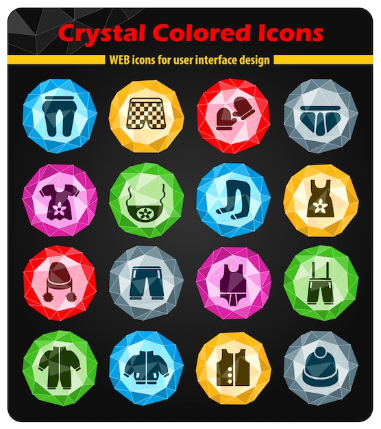 Baby clothe icons on bright colored buttons crystals