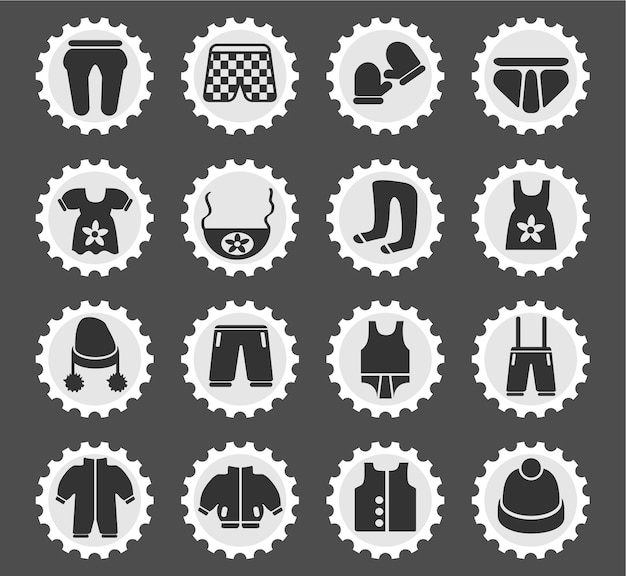 Baby clothe icons on stylized round postage stamps