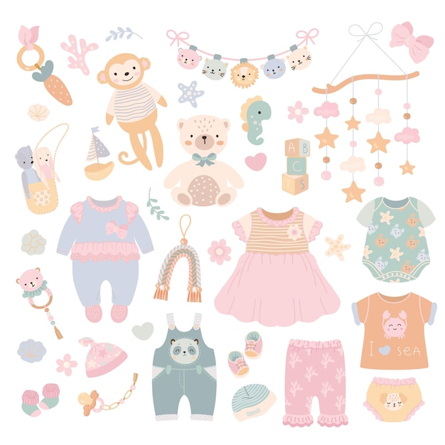 Детская одежда Младенческая ткань милое детское платье и игрушки Детская ткань изолированная мультяшная обувь и шляпа Детские младенцы или новорожденные в наши дни векторные элементы