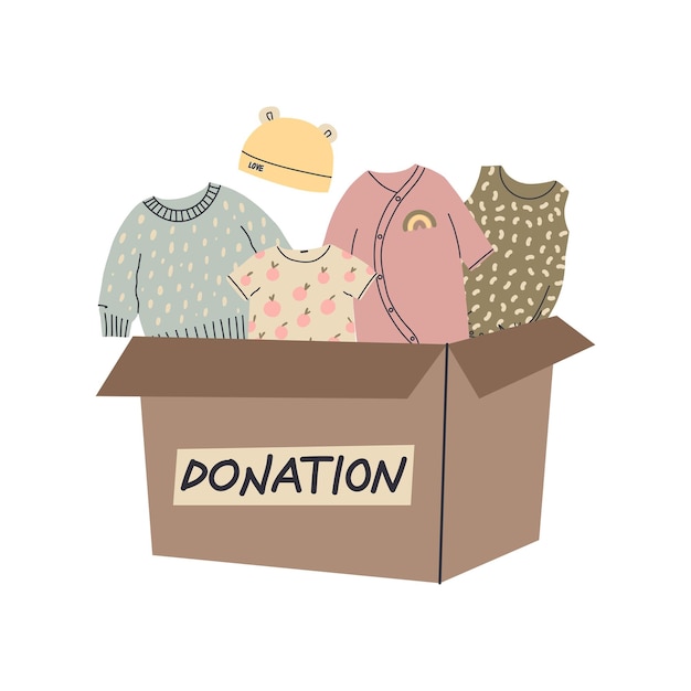 Baby clothes donation Kids and newborn bodysuit hat and pants in box Sharing for children Charity concept Volunteer care poor family social Donate advertising Vector illustration