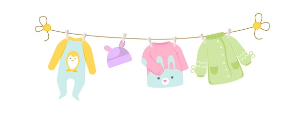 Baby clothes drying on a rope Vector illustration