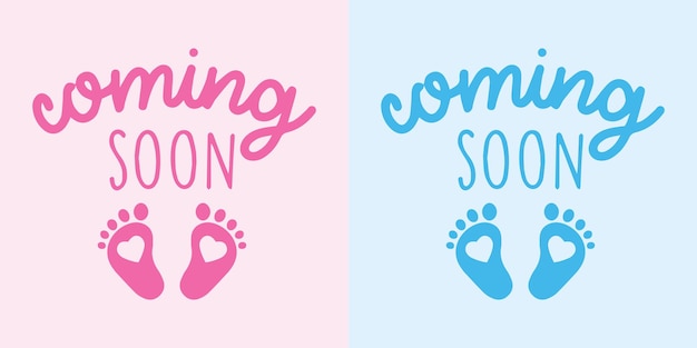 아기 곧 벡터 텍스트입니다. 아기 발자국이 있는 분홍색 및 파란색 벡터 그림.