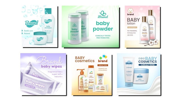 Baby Cosmetics Promotional Posters Set Vector