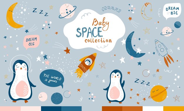 Collezione cosmica per bambini. insieme disegnato a mano di illustrazioni vettoriali con astronauti, razzi, stelle