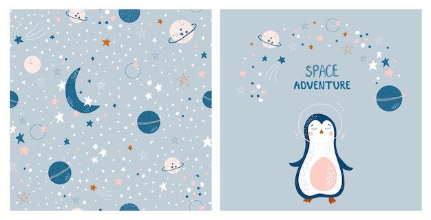 Baby cosmic set with penguin moon planet and stars vector pattern in simple hand drawn style